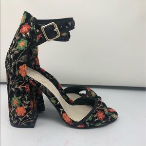 Black Velvet Floral Embroidered Block Heel Sandals
